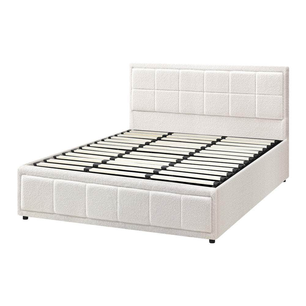 Bed Frame Double Size Gas Lift Storage Base Fabric Grey/White