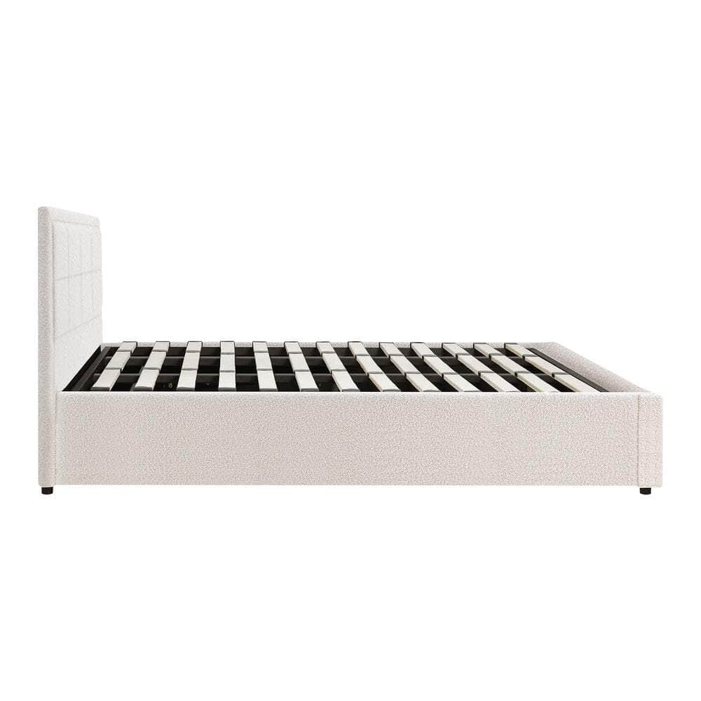 Bed Frame Double Size Gas Lift Storage Base Fabric Grey/White