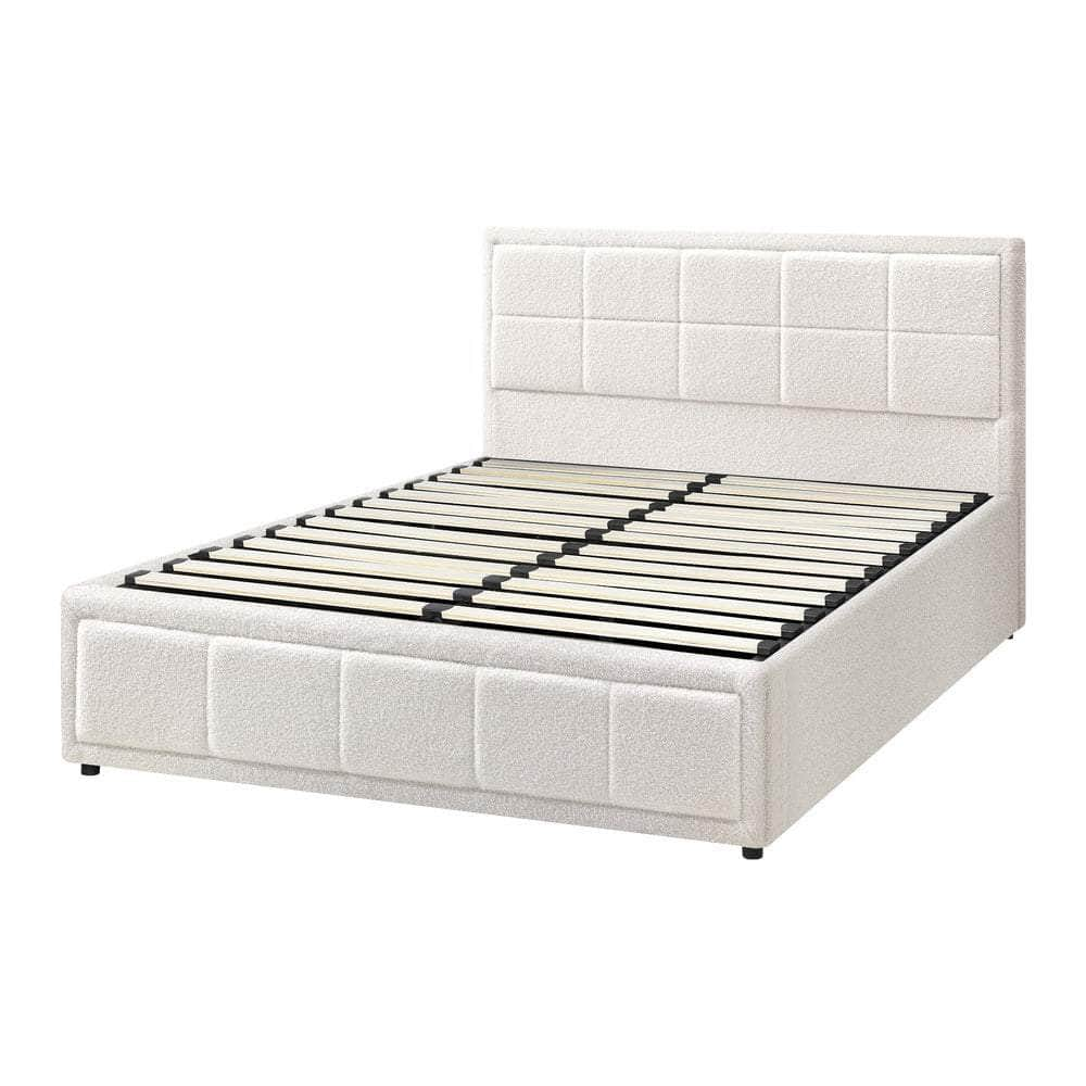 Bed Frame Double Size Gas Lift Storage Base Fabric Grey/White