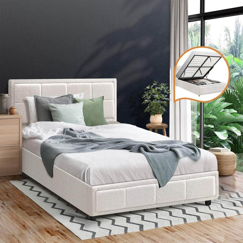 Bed Frame Double Size Gas Lift Storage Base Fabric Grey/White