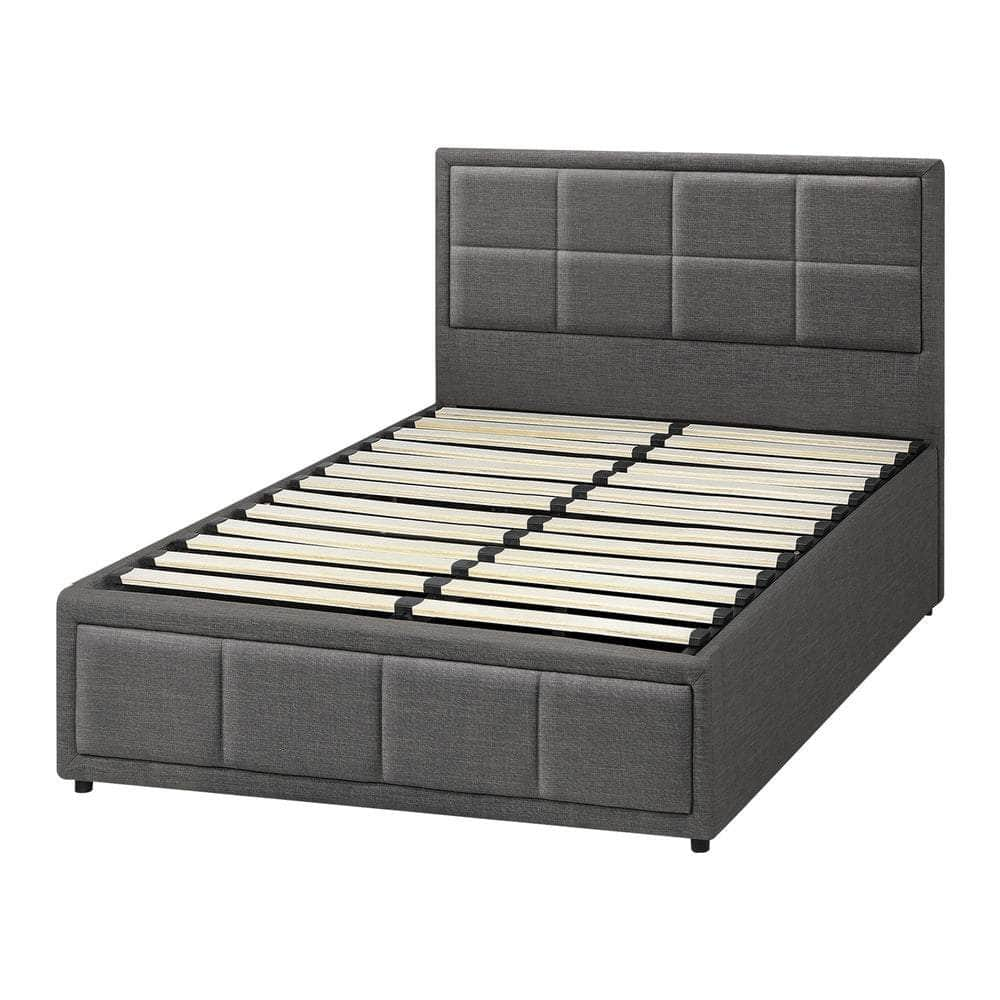 Bed Frame Double Size Gas Lift Storage Base Fabric Grey/White