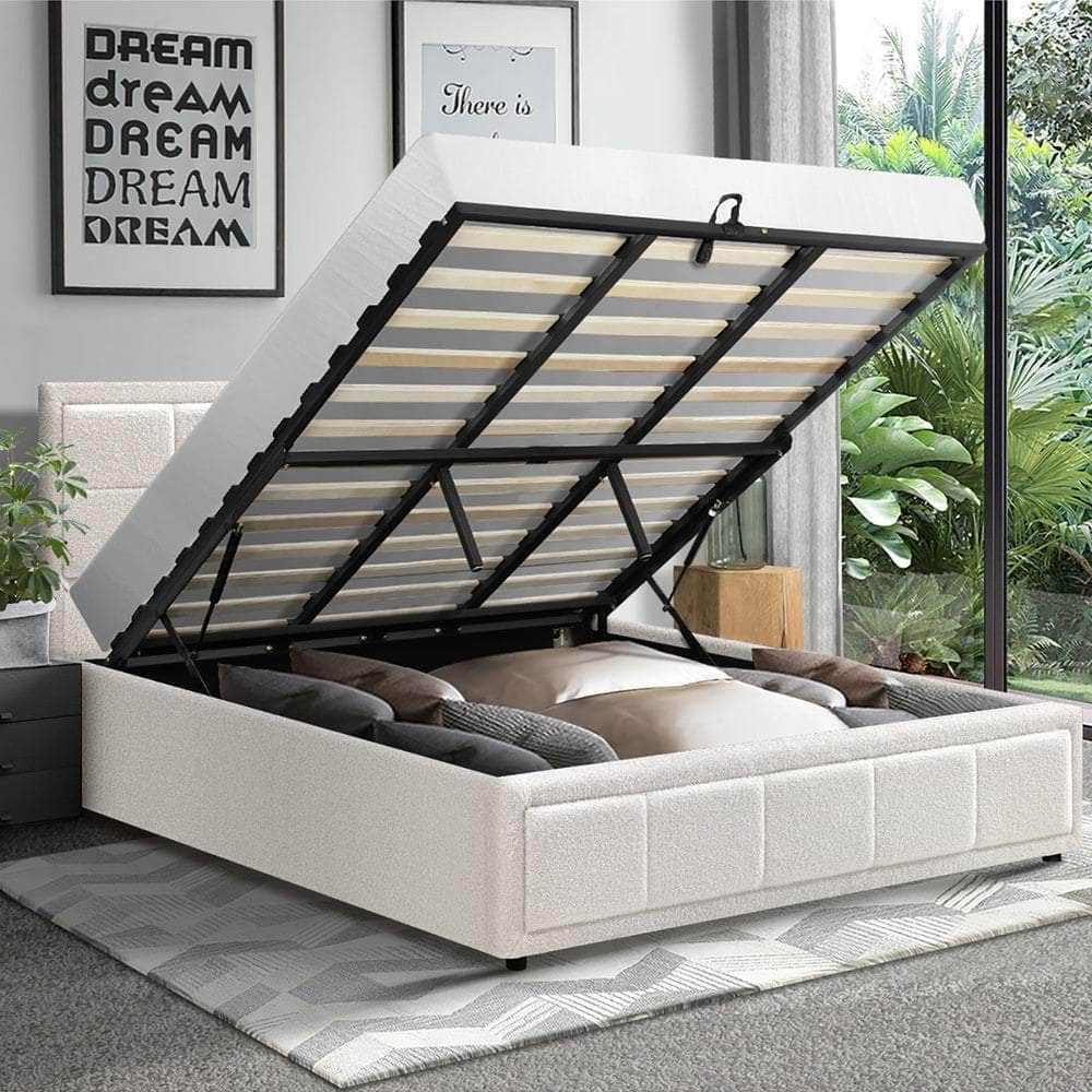 Bed Frame Double Size Gas Lift Storage Base Fabric Grey/White