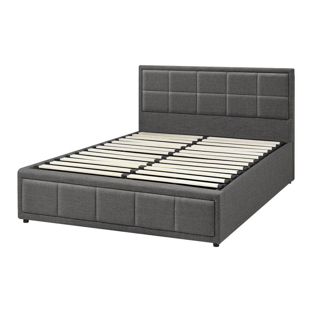 Bed Frame Double Size Gas Lift Storage Base Fabric Grey/White