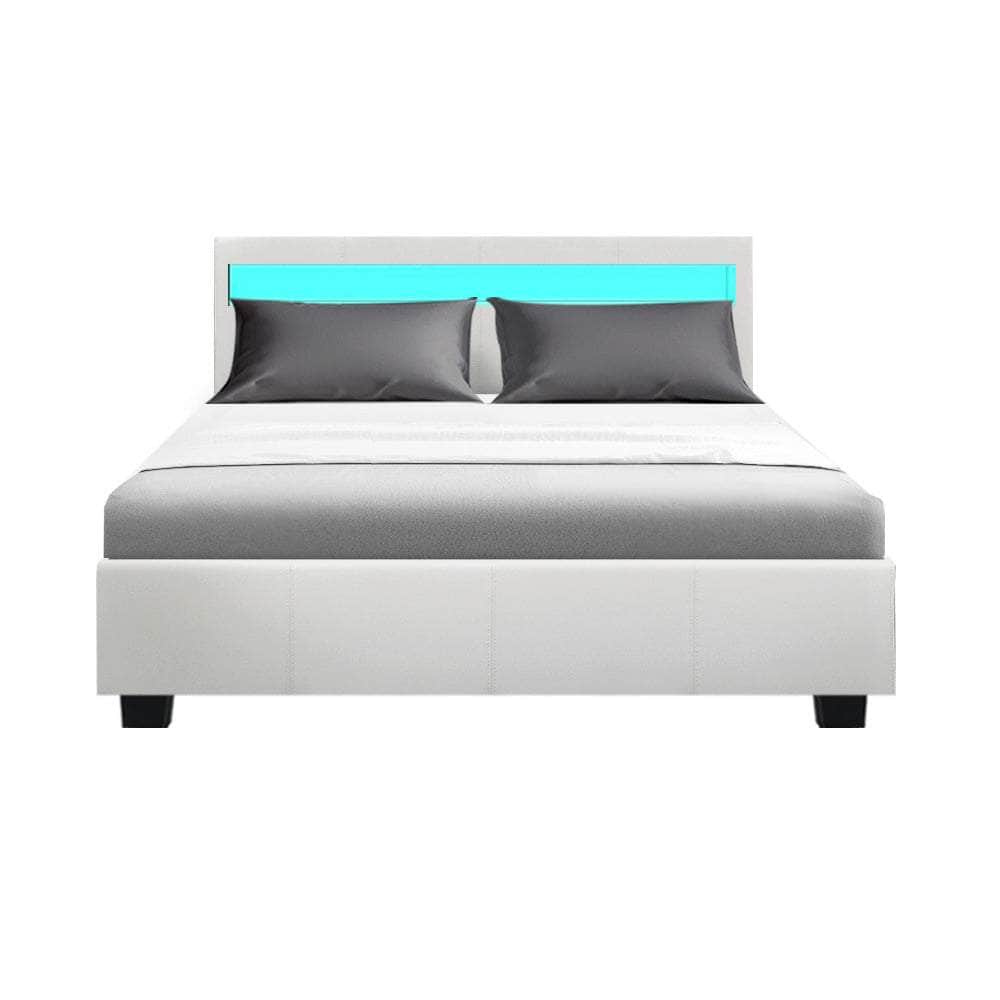 Bed Frame Double Size Led Gas Lift White Cole