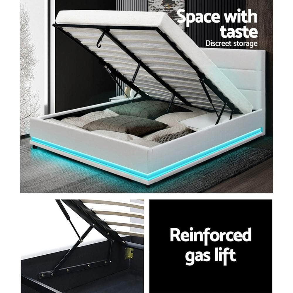 Bed Frame Double Size Led Gas Lift White Lumi