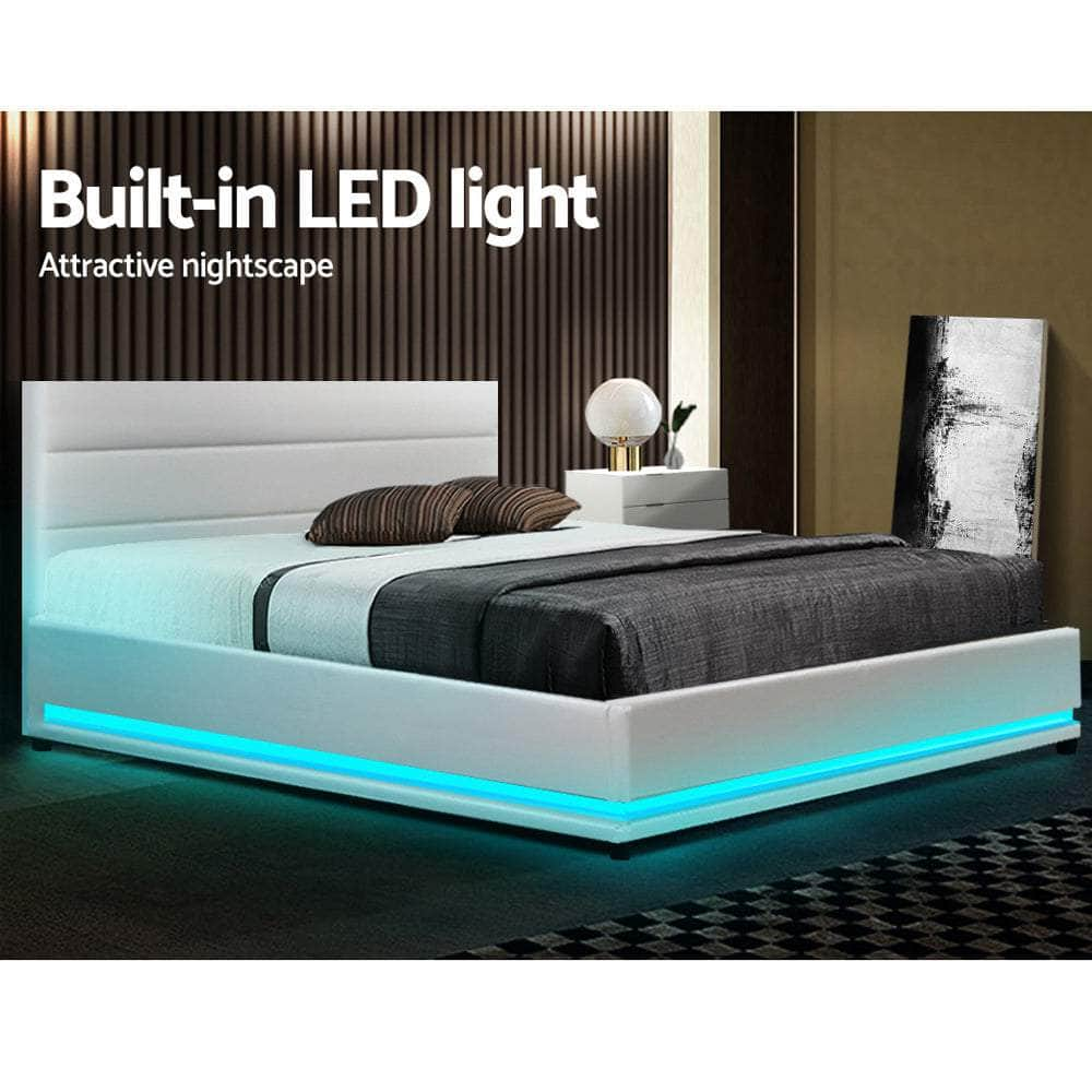 Bed Frame Double Size Led Gas Lift White Lumi