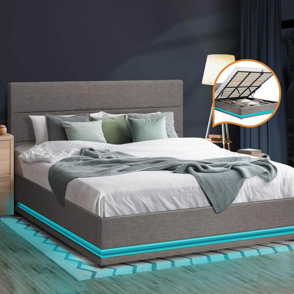 Bed Frame King Bed Frame LED Mattress Base with Gas Lift and Storage Space Grey