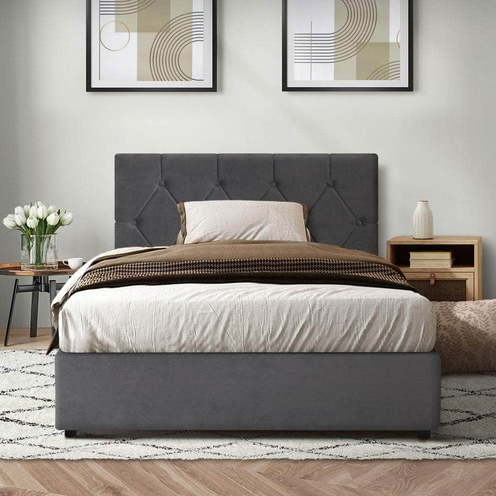 Bed Frame King Single Gas Lift Base Storage Fabric/Leather Grey/White