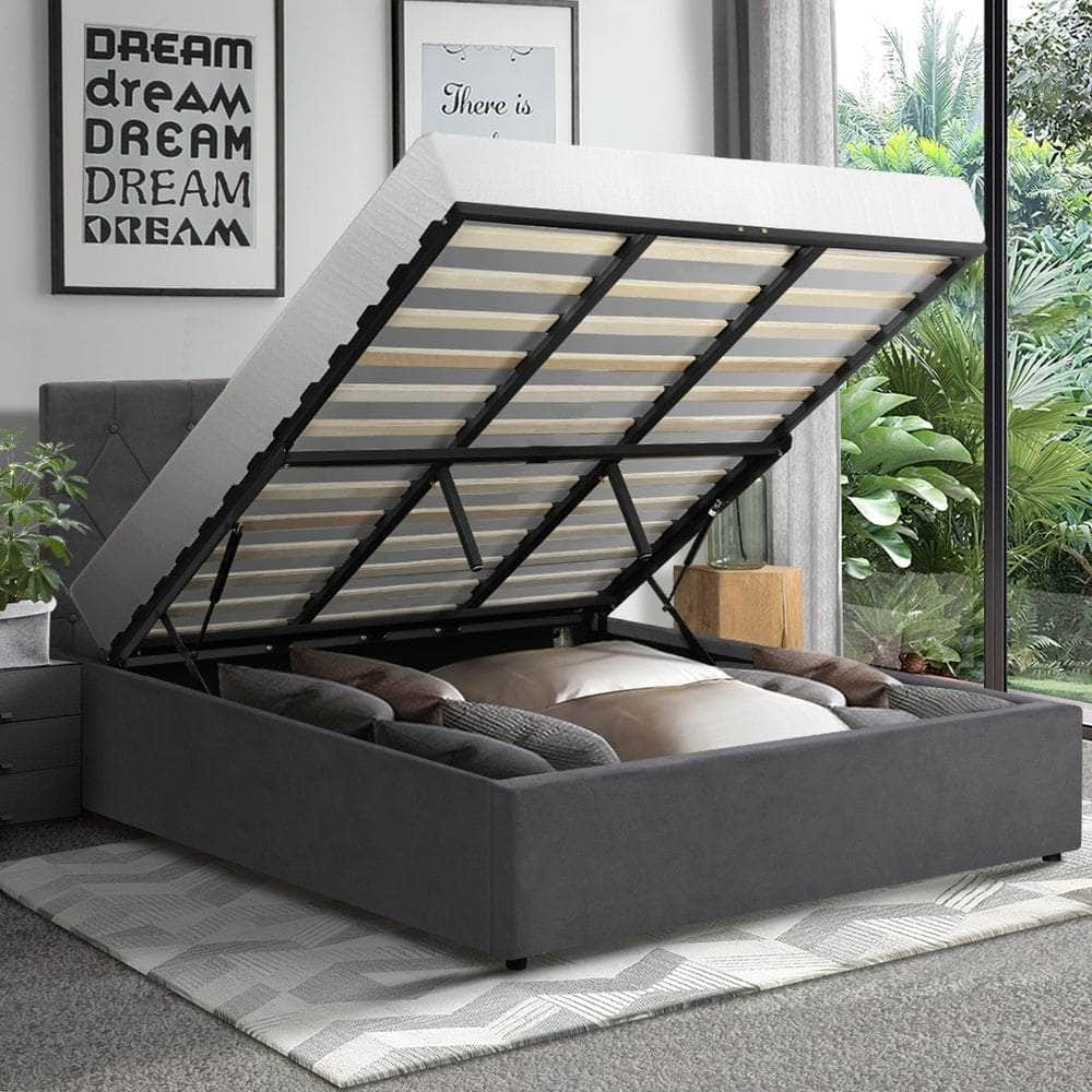 Bed Frame King Single Gas Lift Base Storage Fabric/Leather Grey/White