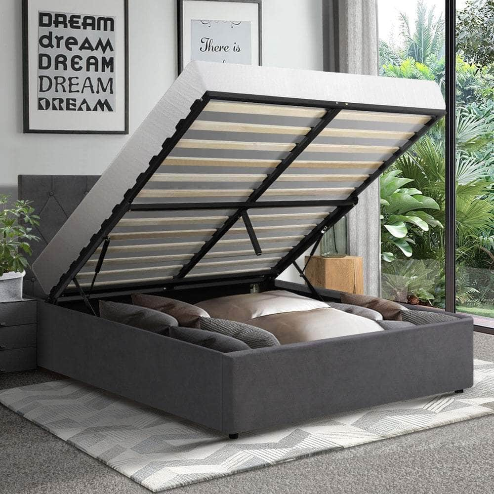 Bed Frame King Single Gas Lift Base Storage Fabric/Leather Grey/White