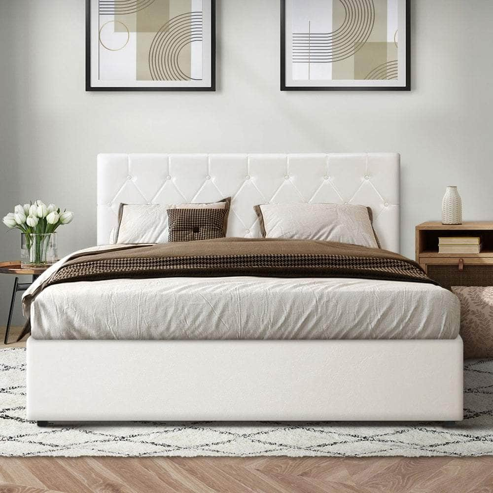 Bed Frame King Single Gas Lift Base Storage Fabric/Leather Grey/White