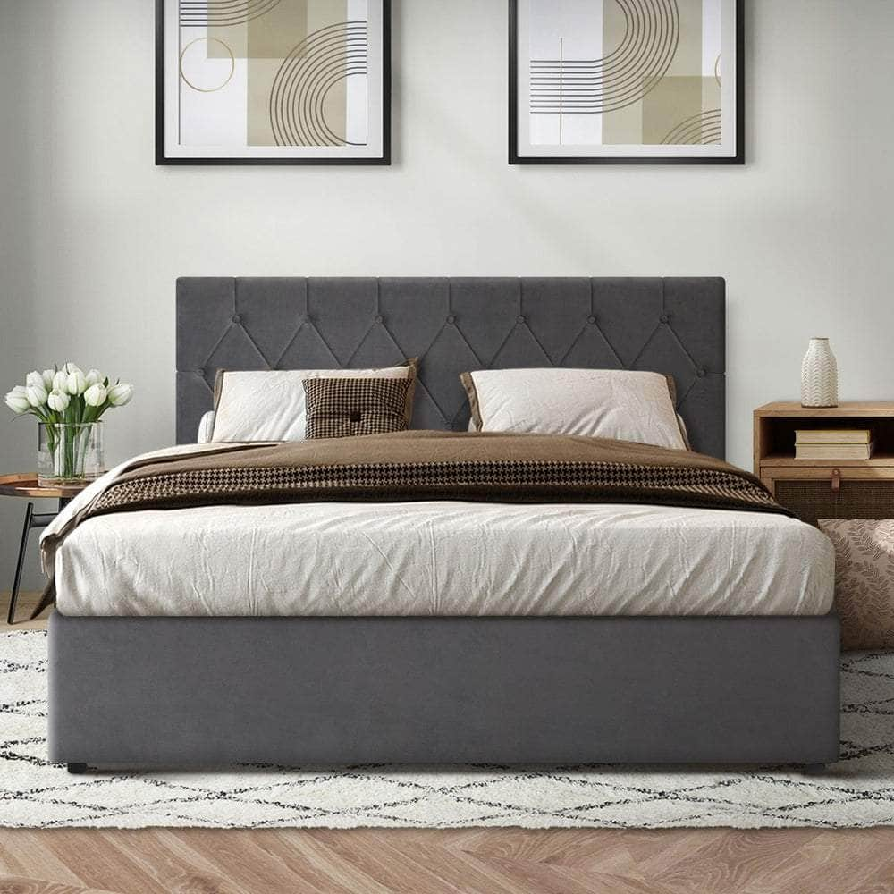 Bed Frame King Single Gas Lift Base Storage Fabric/Leather Grey/White