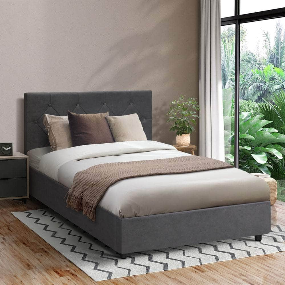 Bed Frame King Single Gas Lift Base Storage Fabric/Leather Grey/White