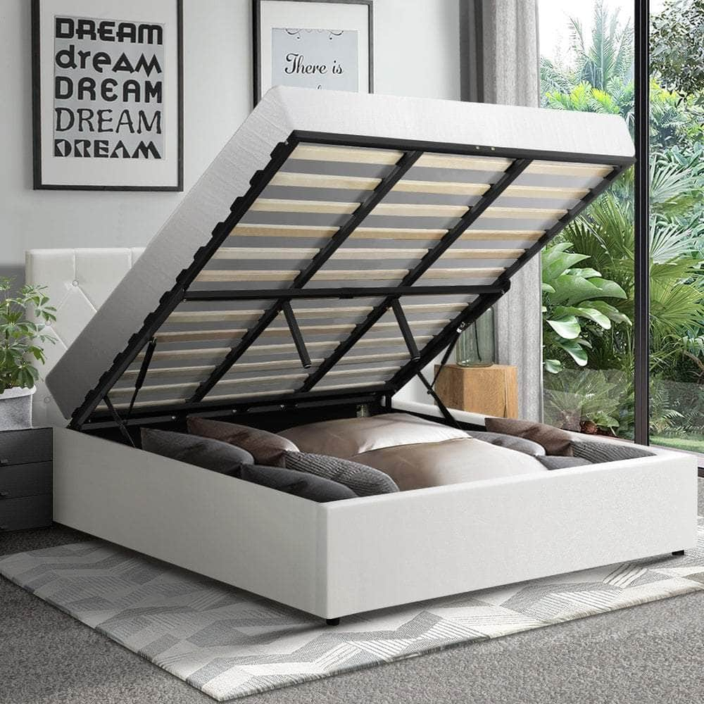 Bed Frame King Single Gas Lift Base Storage Fabric/Leather Grey/White