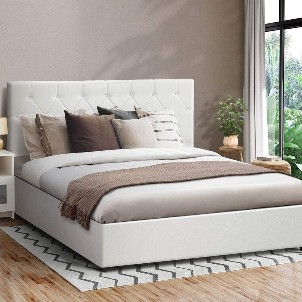 Bed Frame King Single Gas Lift Base Storage Fabric/Leather Grey/White