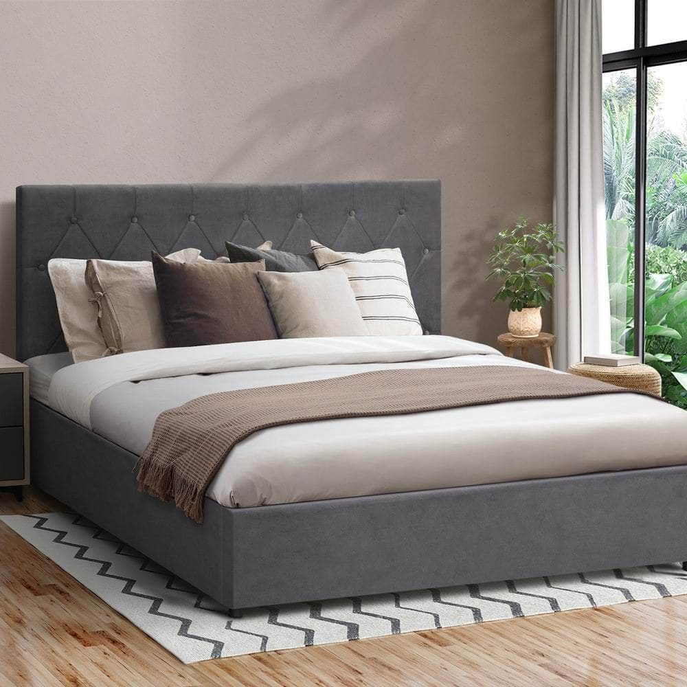 Bed Frame King Single Gas Lift Base Storage Fabric/Leather Grey/White