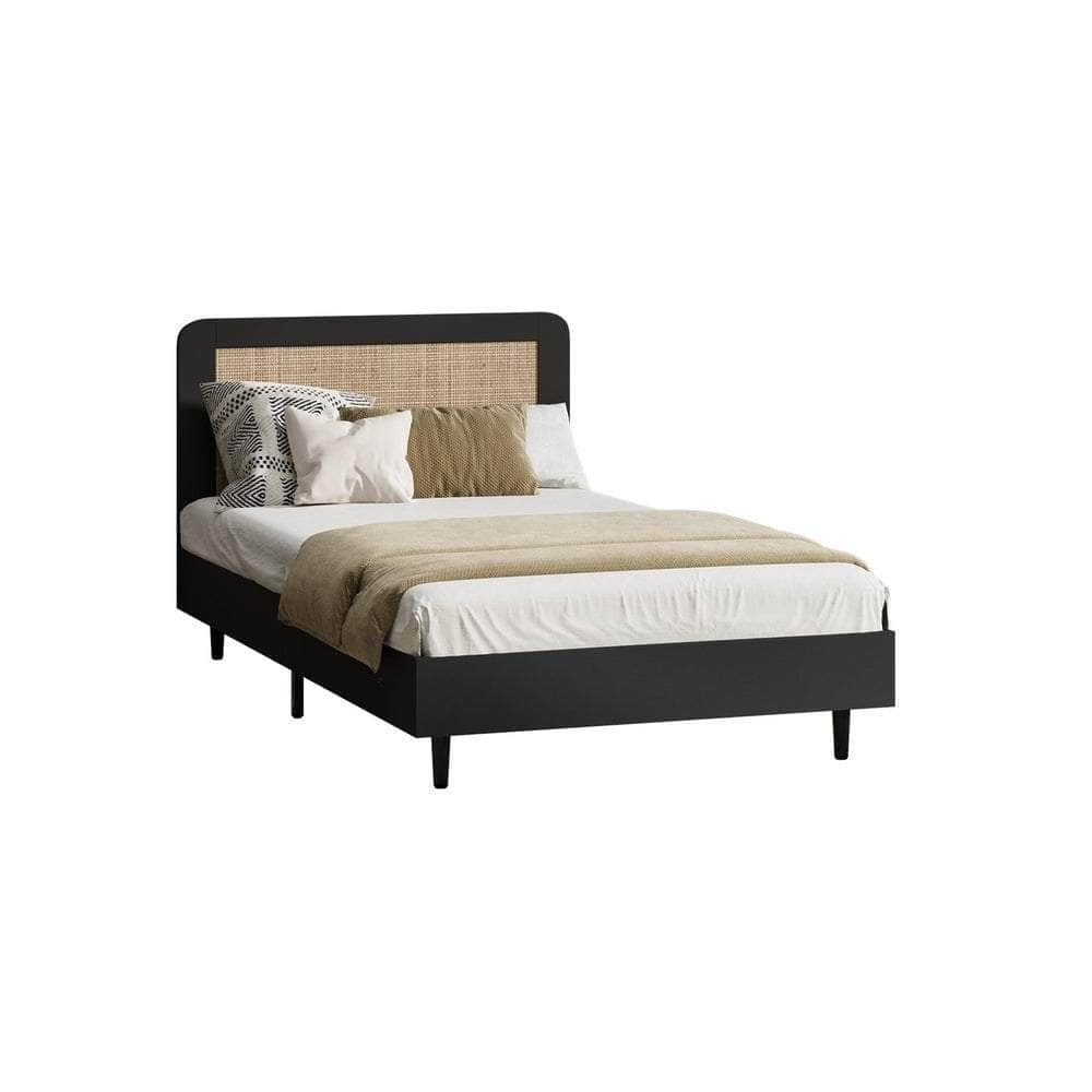 Bed Frame King Single Real Rattan Headboard Black