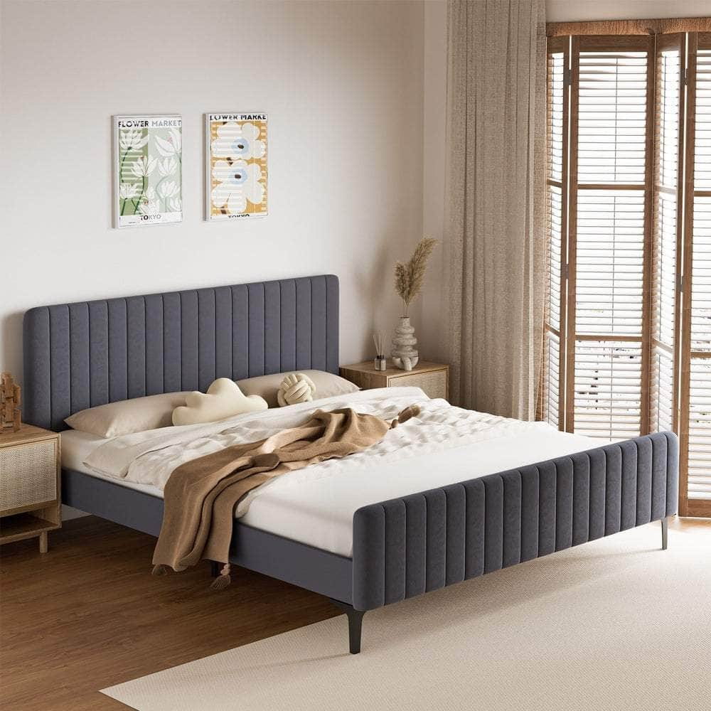 Bed Frame King Size Beds Platform Velvet Fabric Grey