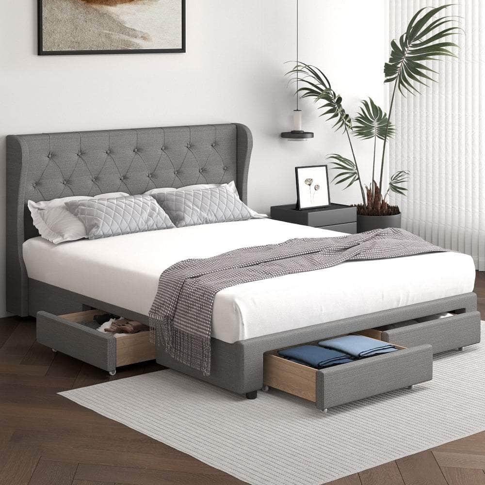 Bed Frame King Size Frames with 4 Storage Drawers