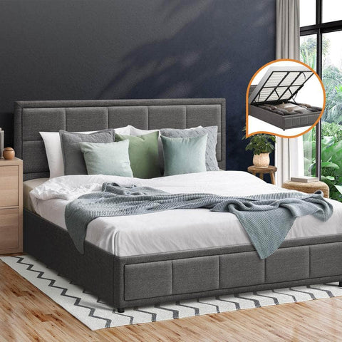 Bed Frame King Size Gas Lift Storage Base Fabric Grey