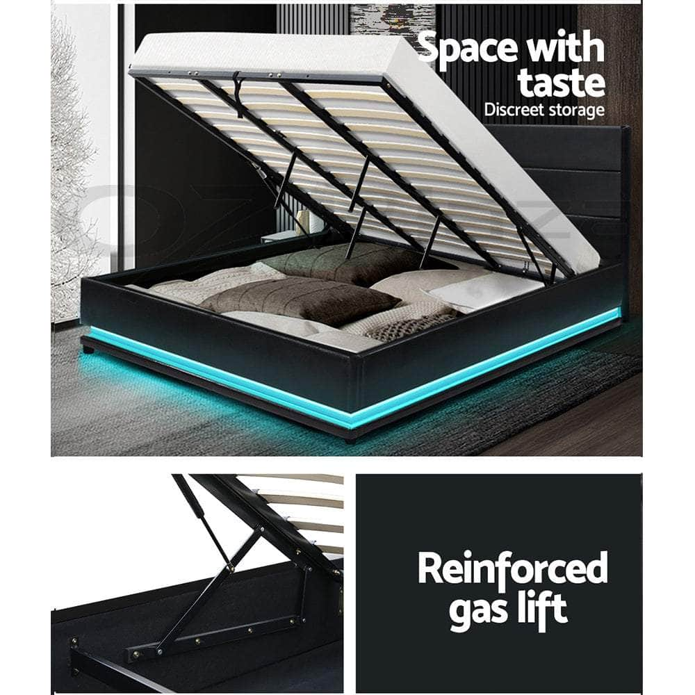 Bed Frame King Size Led Gas Lift Black Lumi