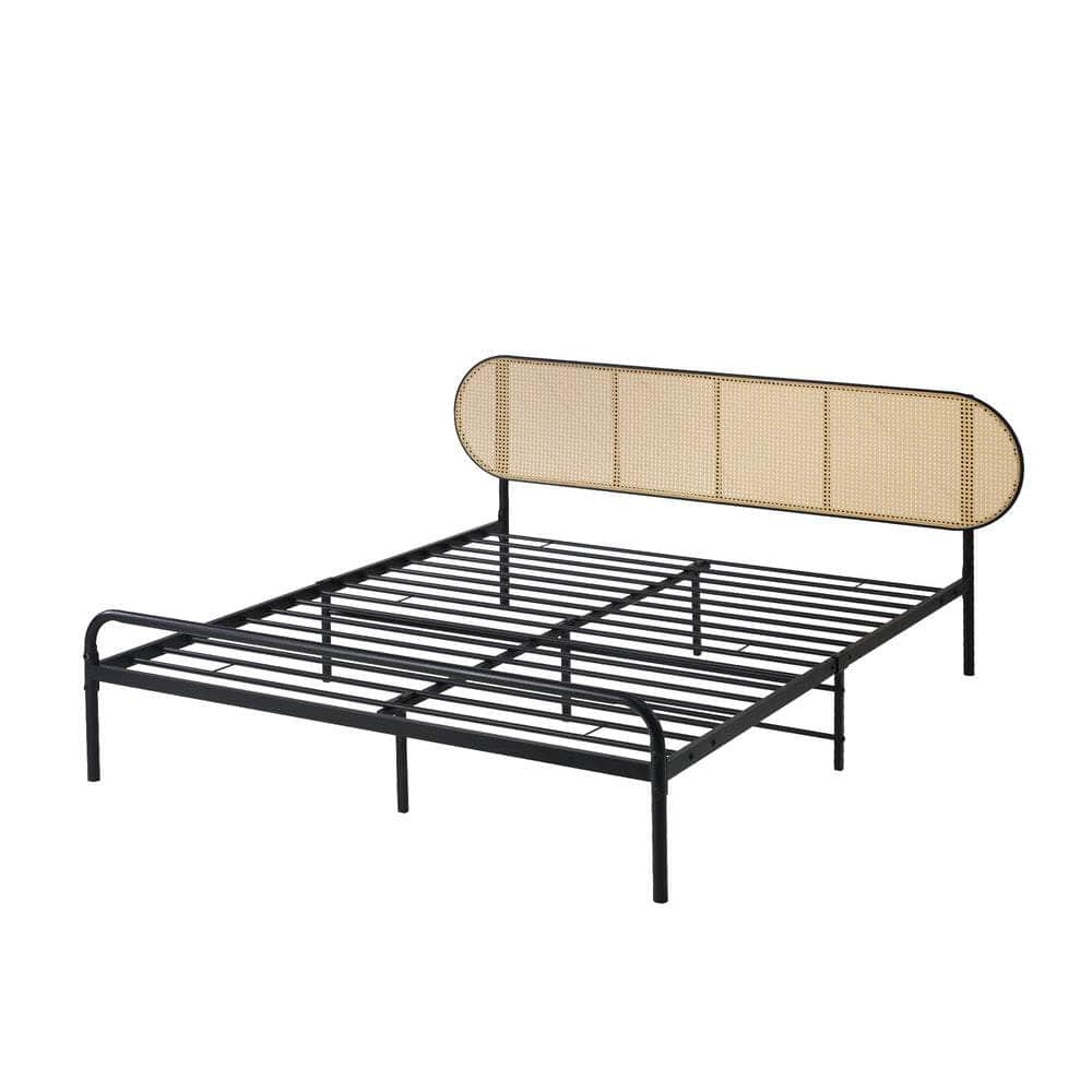 Bed Frame Metal Base Rattan Headboard