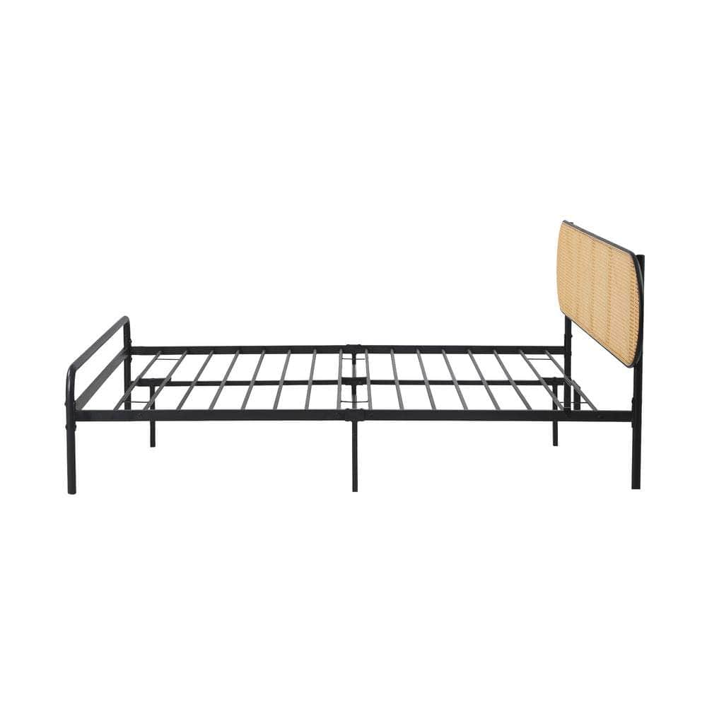 Bed Frame Metal Base Rattan Headboard