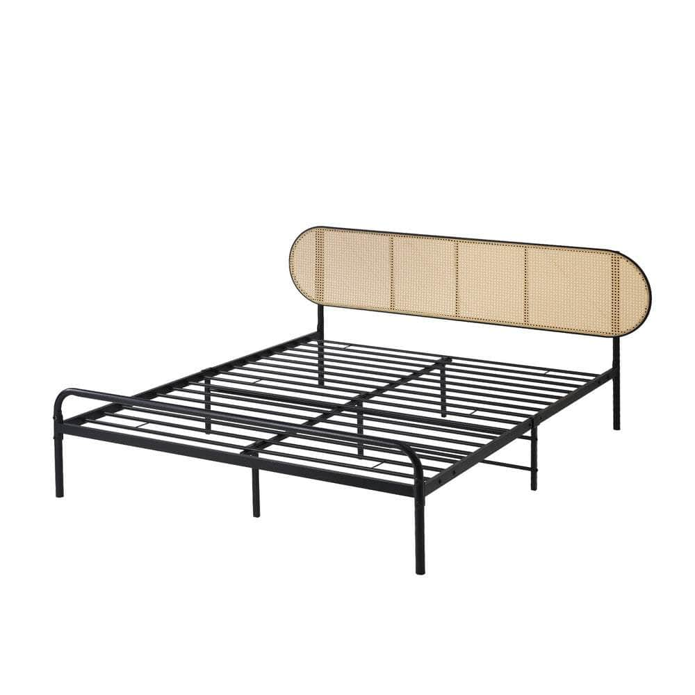 Bed Frame Metal Base Rattan Headboard