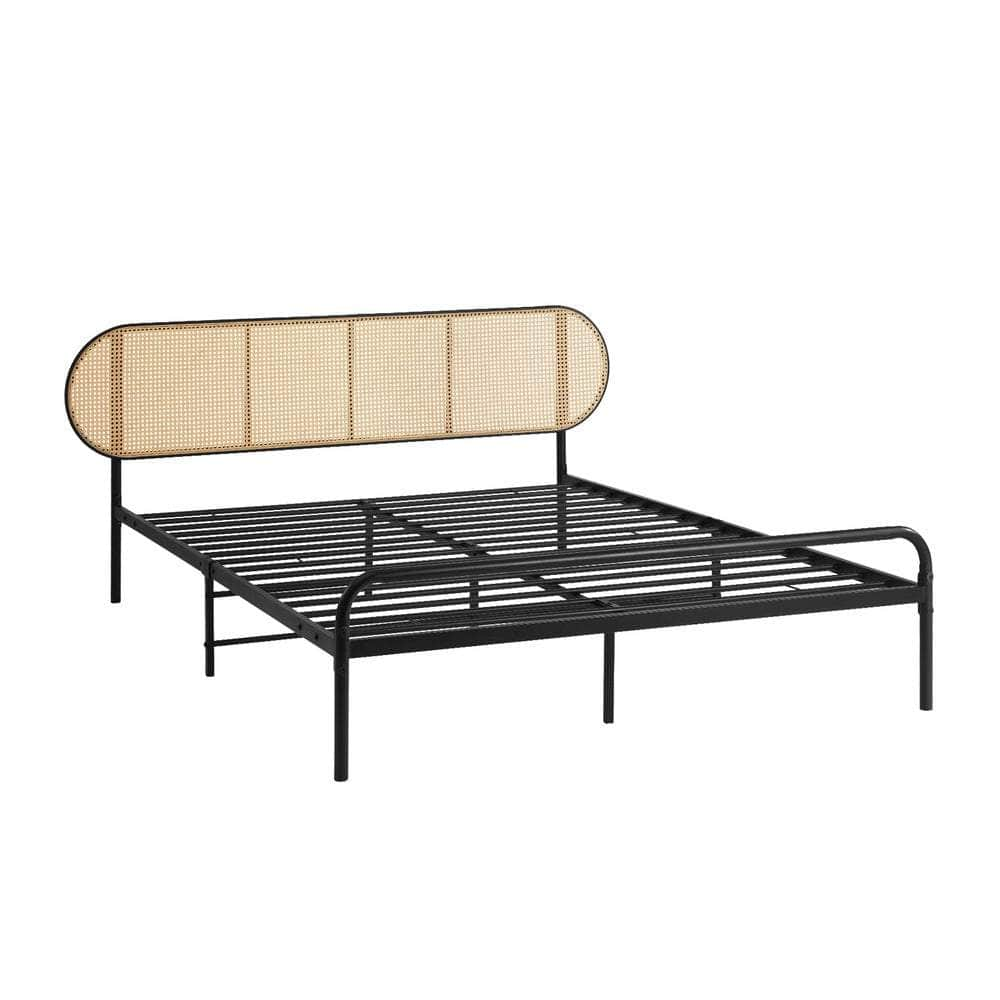 Bed Frame Metal Base Rattan Headboard