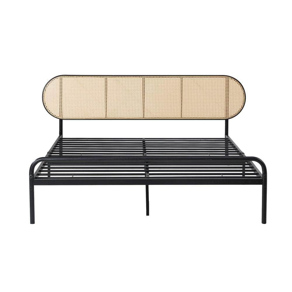 Bed Frame Metal Base Rattan Headboard