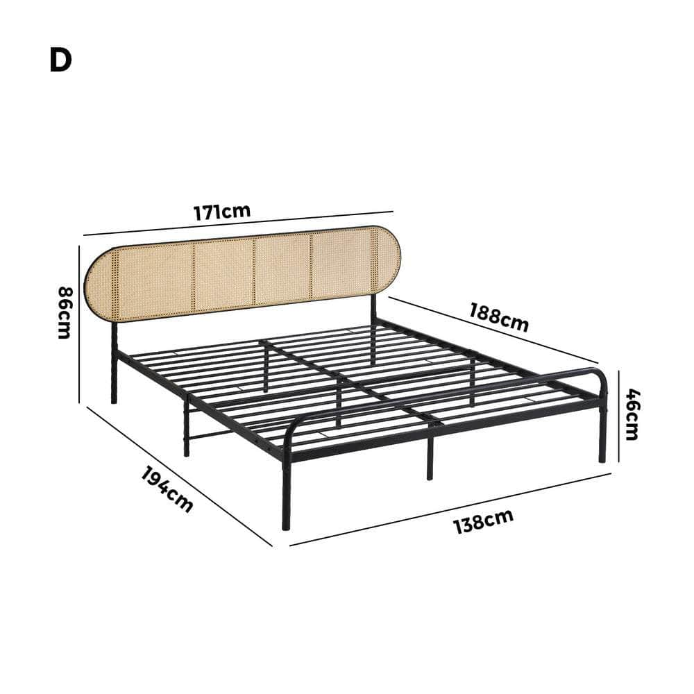 Bed Frame Metal Base Rattan Headboard