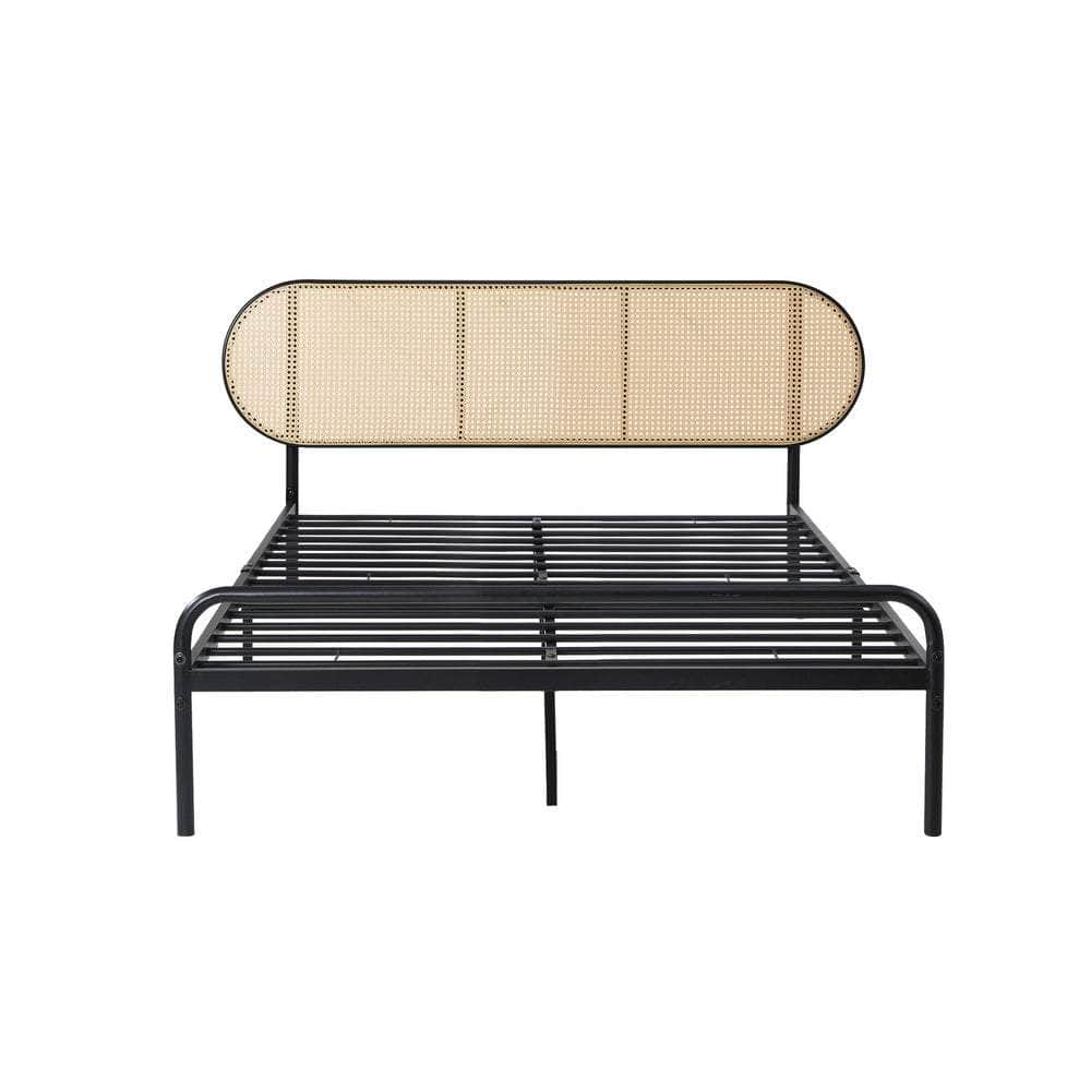 Bed Frame Metal Base Rattan Headboard