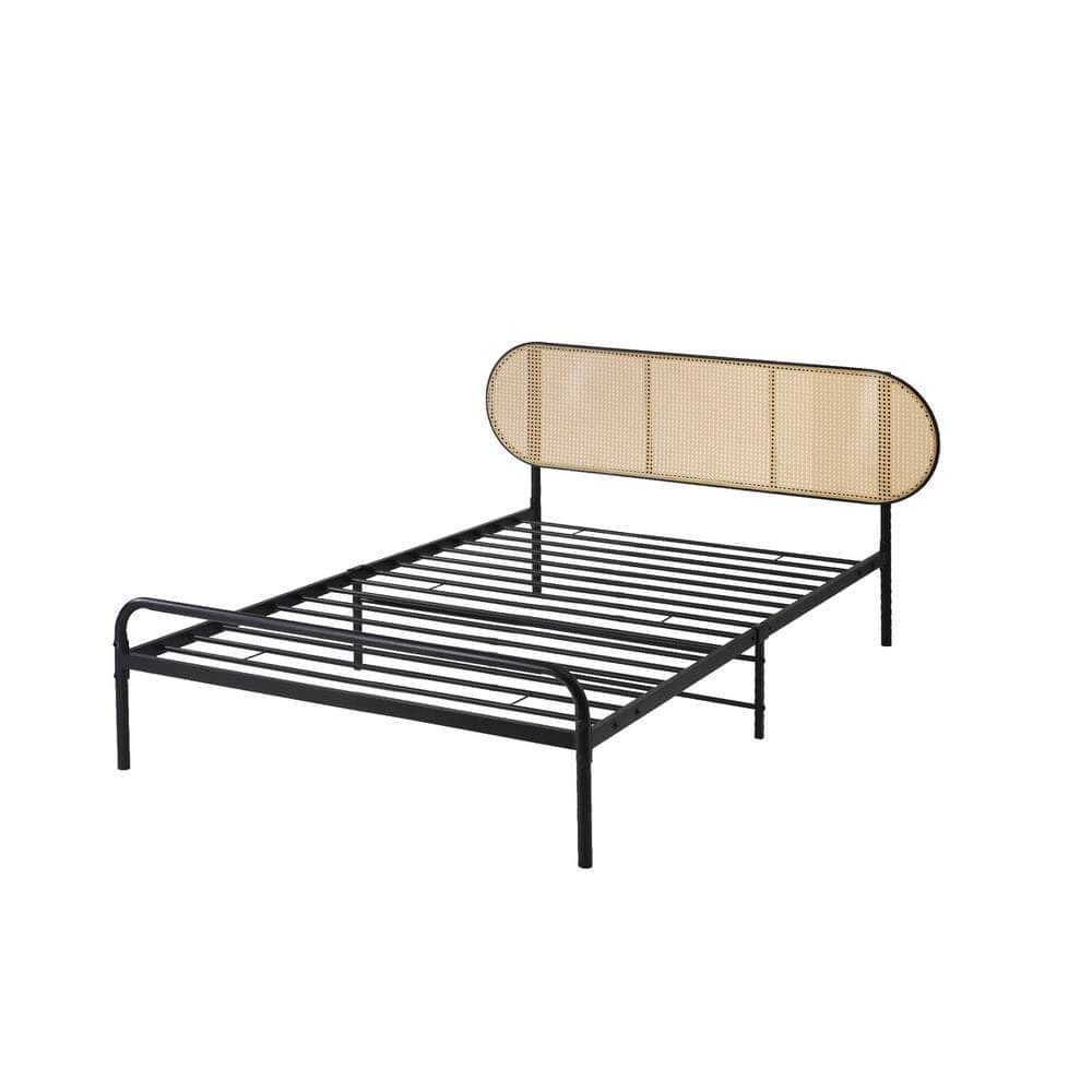 Bed Frame Metal Base Rattan Headboard