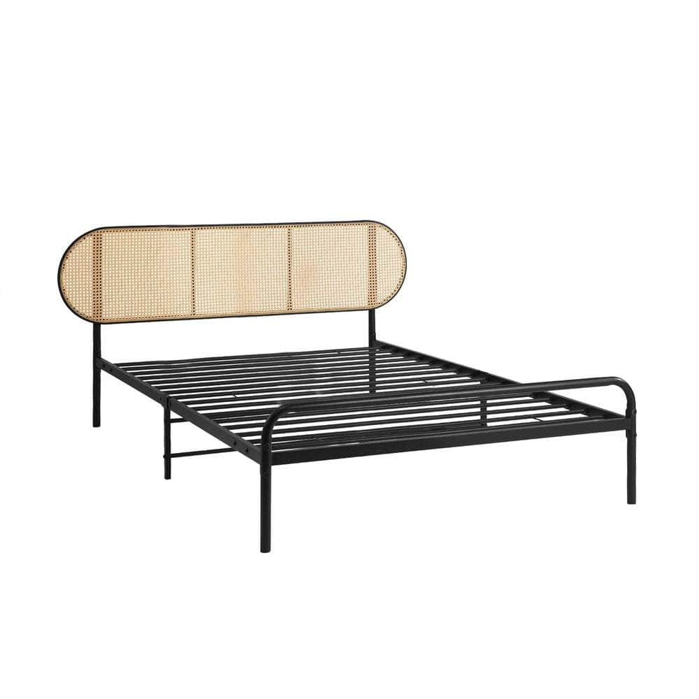 Bed Frame Metal Base Rattan Headboard