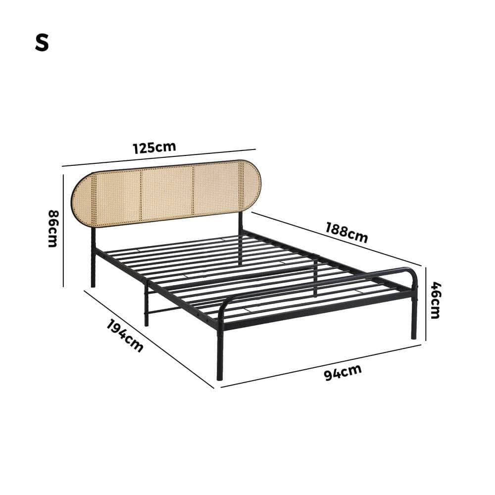 Bed Frame Metal Base Rattan Headboard