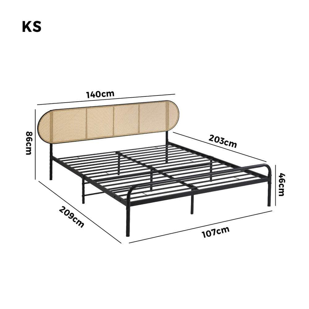 Bed Frame Metal Base Rattan Headboard