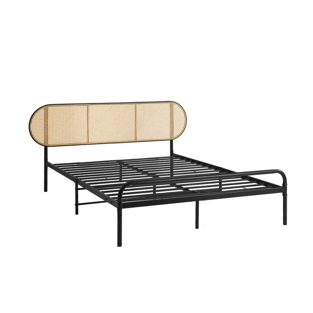 Bed Frame Metal Base Rattan Headboard