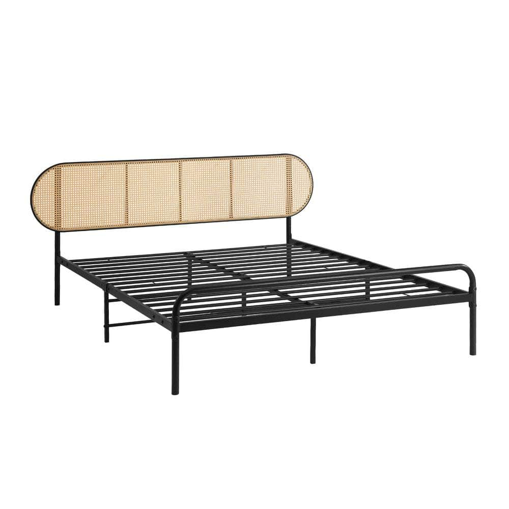 Bed Frame Metal Base Rattan Headboard