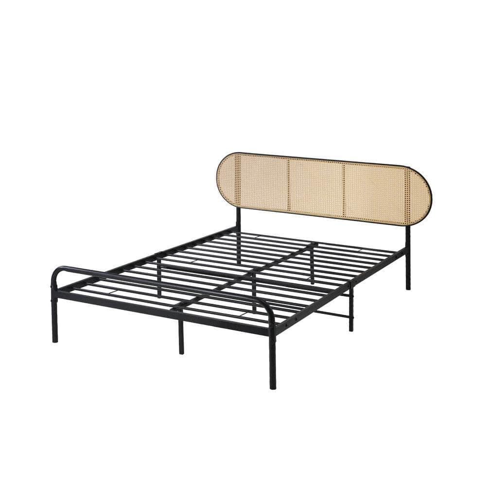 Bed Frame Metal Base Rattan Headboard