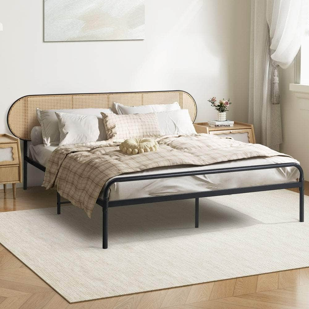 Bed Frame Metal Base Rattan Headboard