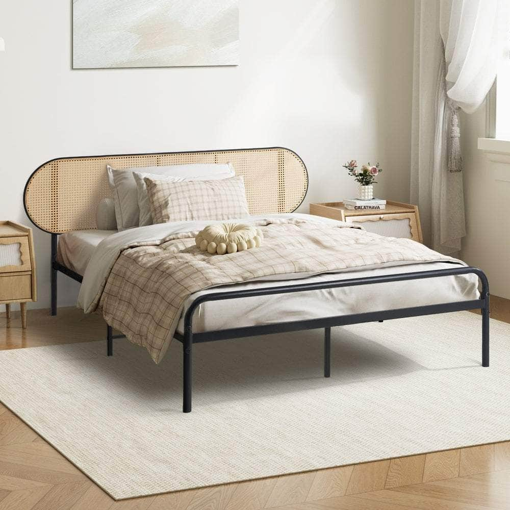 Bed Frame Metal Base Rattan Headboard