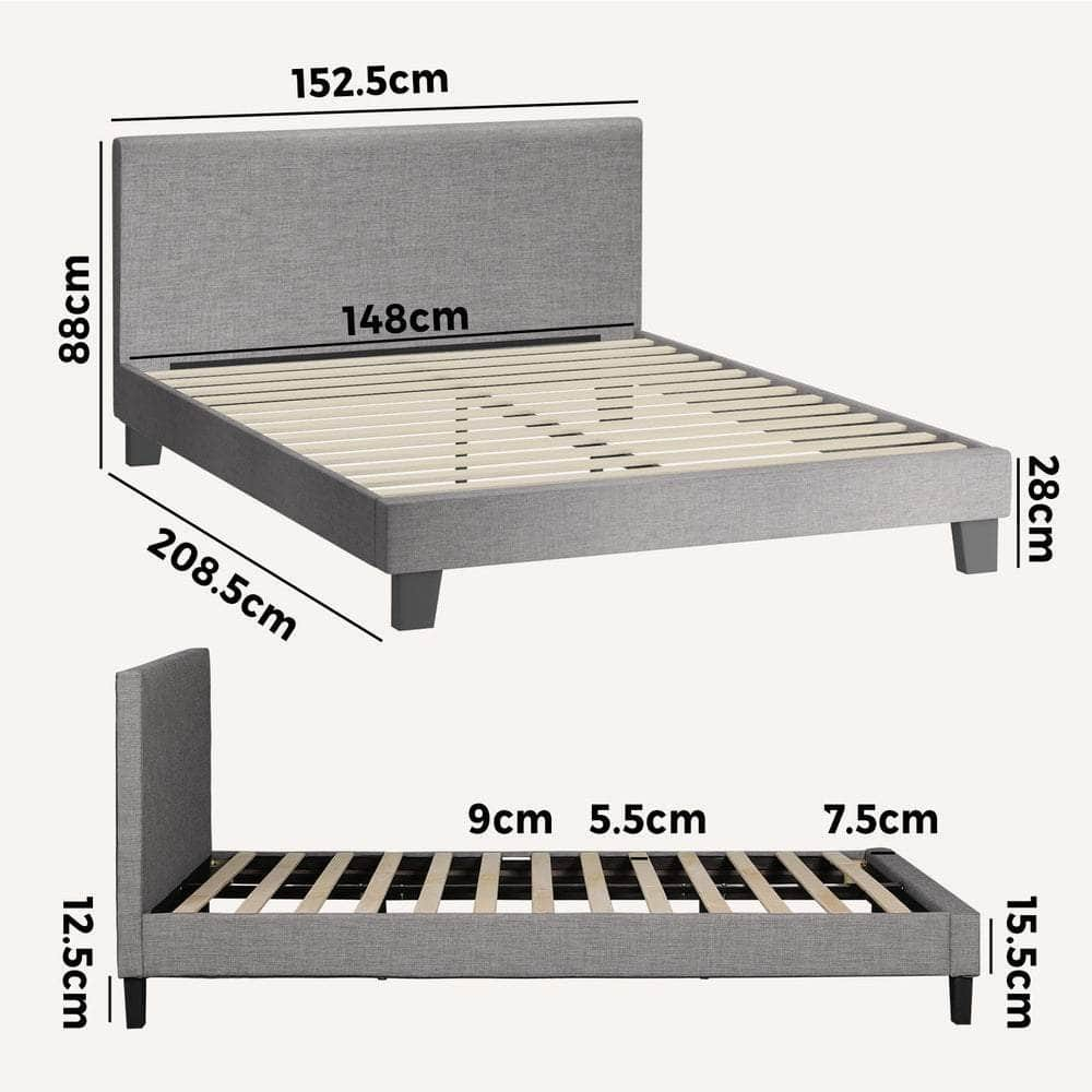 Bed Frame Queen/Double Size Mattress Base Platform Wooden Slats Grey Fabric