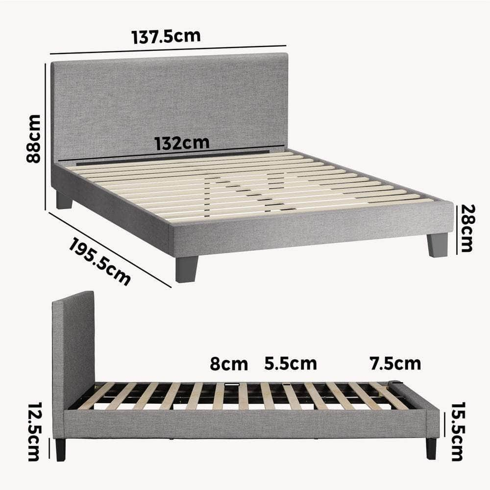 Bed Frame Queen/Double Size Mattress Base Platform Wooden Slats Grey Fabric