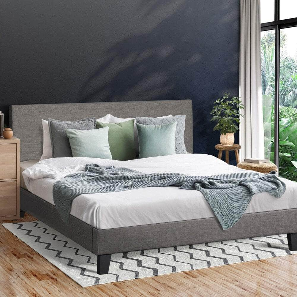 Bed Frame Queen/Double Size Mattress Base Platform Wooden Slats Grey Fabric