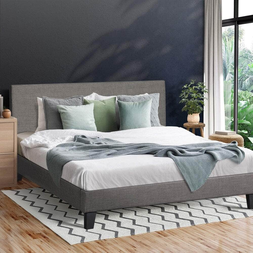 Bed Frame Queen/Double Size Mattress Base Platform Wooden Slats Grey Fabric