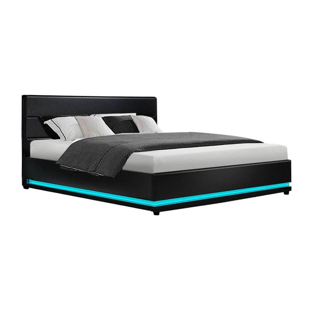 Bed Frame Queen Size Led Gas Lift Black Lumi