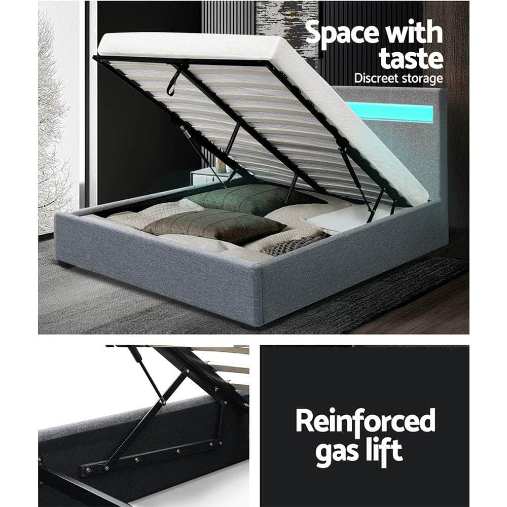 Bed Frame Queen Size Led Gas Lift Grey Cole