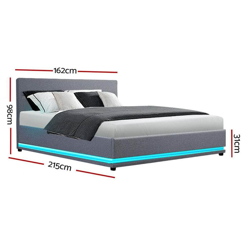 Bed Frame Queen Size Led Gas Lift Grey Lumi