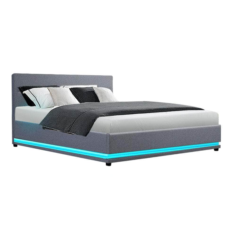 Bed Frame Queen Size Led Gas Lift Grey Lumi