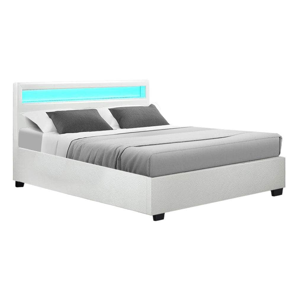 Bed Frame Queen Size Led Gas Lift White Cole